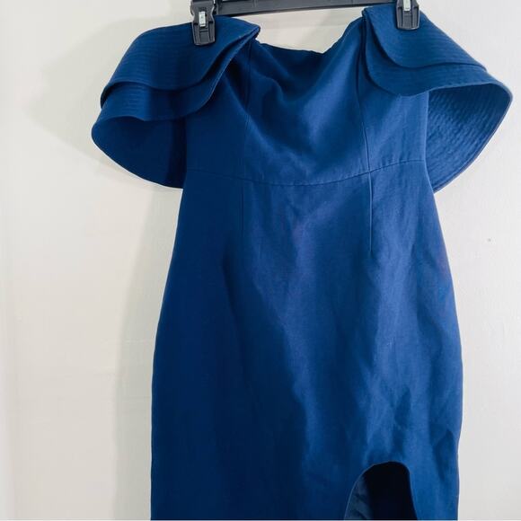 C/MEO Collective Navy Blue Ruffle Off Shoulder Crepe Slit Front Cocktail Medium - Picture 12 of 12